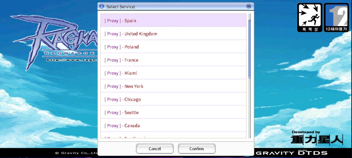 The game’s Select Service list: [Proxy] Spain, United Kingdom, Poland, France, Miami, New York, Chicago, Seattle and Canada, with Cancel and Confirm buttons.