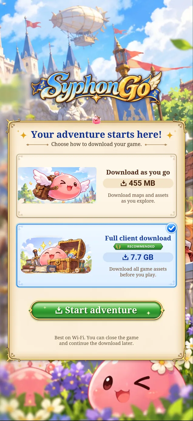 The choice screen: Download as you go, 455 MB, and Full client download, 7.7 GB, marked recommended, above the Start adventure button.