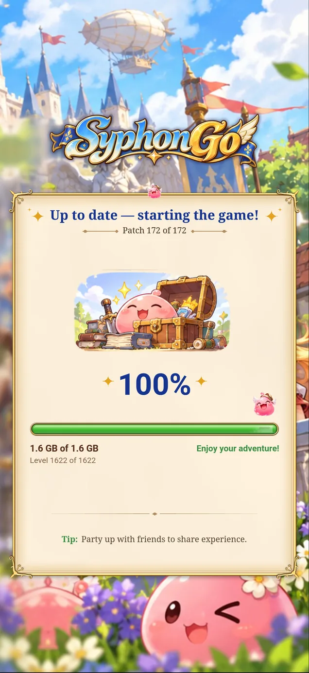 The last screen: Up to date, starting the game, at 100 percent.