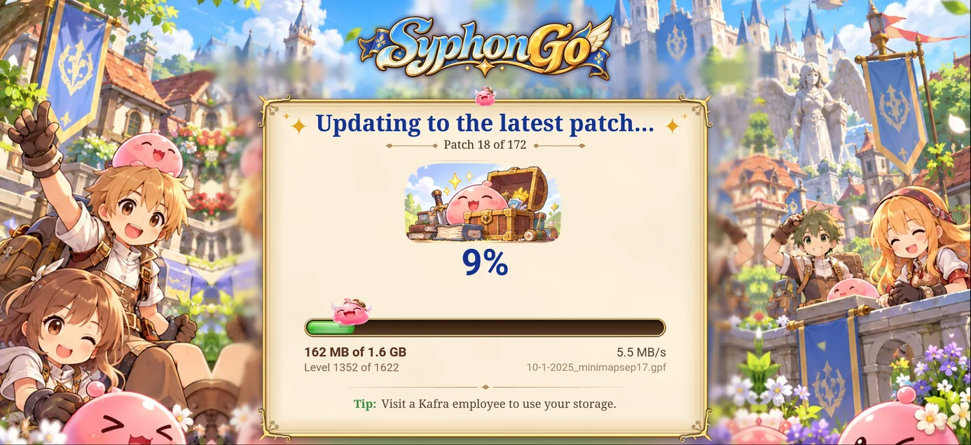 The patch screen held sideways: Updating to the latest patch, patch 18 of 172, at 9 percent.
