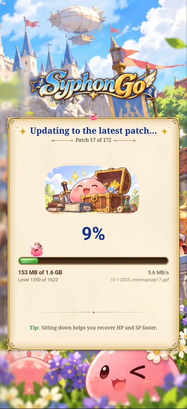 The patch screen: Updating to the latest patch, patch 17 of 172, with the patch level under the progress bar.