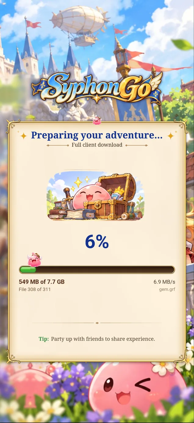 The download screen: Preparing your adventure, full client download, 6 percent, with the size, the speed and the file count under the progress bar.