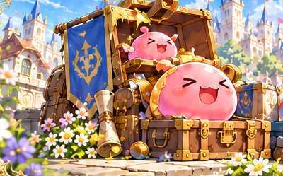 Two cheerful porings in a treasure chest full of gold, among flowers and a blue banner.