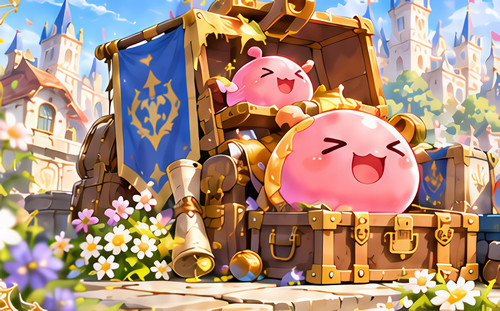 Two cheerful Porings in a treasure chest full of gold, among flowers and a blue banner.